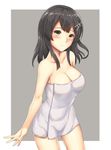  arciealbano black_hair blush border breasts cleavage closed_mouth collarbone grey_background hair_ornament kantai_collection looking_at_viewer medium_breasts naked_towel outside_border oyashio_(kantai_collection) simple_background solo standing towel white_border yellow_eyes 