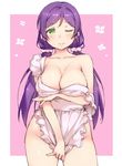  apron areola_slip areolae breasts cleavage deyuuku green_eyes large_breasts long_hair love_live! love_live!_school_idol_project low_twintails naked_apron one_eye_closed pink_scrunchie ponytail purple_hair scrunchie smile toujou_nozomi twintails 