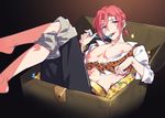  barefoot blush coin crossed_legs free! gold gradient gradient_background jewelry long_sleeves looking_at_viewer male_focus matsuoka_rin midriff necklace nipple_slip nipples pearl_necklace pectorals pirate red_eyes red_hair sharp_teeth siruphial sitting smile solo teeth treasure_chest 