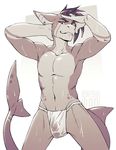  anthro bulge catsudon clothed clothing fish hair looking_at_viewer male marine penis_outline shark smile solo topless wet wet_clothing 