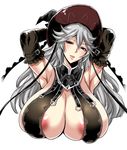  areola_slip areolae armpits arms_up blush breasts cleavage commentary_request elbow_gloves gloves granblue_fantasy half-closed_eyes hat head_tilt huge_breasts lips long_hair looking_at_viewer magisa_(granblue_fantasy) musashino_sekai parted_lips silver_hair simple_background solo upper_body white_background witch_hat 