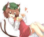  :3 animal_ears blouse bow brown_hair cat_ears cat_tail chen dress fang green_hat hat heart long_sleeves mob_cap multiple_tails neko_pachi open_mouth paw_pose red_dress red_eyes simple_background solo tail touhou two_tails white_background white_blouse yellow_bow 