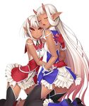  2girls bare_shoulders blush boots breasts brown_eyes cherry_blossoms dark_skin dress eyes_closed fangs female gluteal_fold horns hug indoors kneeling leaning_forward long_hair looking_at_viewer multiple_girls navel oni_horns parted_lips petals pointy_ears short_hair slim_waist small_breasts sophie_(taimanin_asagi) taimanin_(series) taimanin_asagi_battle_arena take_your_pick twins very_long_hair white_hair yuphie_(taimanin_asagi) zol 