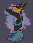  bra canine clothed clothing coveralls digital_media_(artwork) doberman dog female foxjump looking_back mammal sketch smile smirk solo sports_bra underwear wolfpsalm 