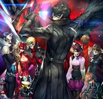  4girls :3 akechi_gorou amamiya_ren animal_ears arm_at_side arsene_(persona_5) ascot belt belt_pouch biker_clothes black_hair blonde_hair blouse blue_eyes blue_hair bodysuit breasts brown_eyes brown_hair cape cat_ears chair cleavage coat commentary_request cowboy_shot crossed_arms crossed_legs fox_ears fox_tail gloves green_eyes grin hand_on_hip hand_up hands_up high_collar highres jacket kitagawa_yuusuke lens_flare lips long_hair long_sleeves looking_at_another mask medium_breasts morgana_(persona_5) multiple_boys multiple_girls night_vision_device niijima_makoto office_chair okumura_haru orange_hair panther_ears pants parted_lips persona persona_5 pouch purple_eyes reckless_dog sakamoto_ryuuji sakura_futaba short_hair shorts sitting smile spikes squatting standing tail takamaki_anne twintails vest wings 