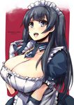  adapted_costume agano_(kantai_collection) alternate_costume apron black_hair breasts cleavage collarbone dated dress enmaided frills gloves huge_breasts kantai_collection long_hair maid maid_apron maid_headdress necktie open_mouth puffy_sleeves shinshin smile solo twitter_username 