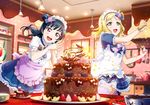  apron artist_request bangs blonde_hair blue_hair bow cake checkered chocolate chocolate_cake flower food frills fruit holding kitchen lemon lemon_slice long_hair love_live! love_live!_school_idol_festival love_live!_sunshine!! maid_headdress multiple_girls official_art ohara_mari patissier pinstripe_legwear pinstripe_pattern plate puffy_short_sleeves puffy_sleeves purple_eyes rose short_hair short_sleeves smile strawberry striped thighhighs tsushima_yoshiko yellow_eyes zettai_ryouiki 