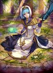  1girl alm_(fire_emblem) bangs blue_eyes blue_hair breasts company_connection copyright_name detached_sleeves dress fire_emblem fire_emblem_echoes:_mou_hitori_no_eiyuuou flower gauntlets glowing holding_hands long_dress long_sleeves medium_breasts official_art outdoors silk_(fire_emblem) sitting staff veil 