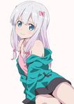  bangs bare_shoulders blue_eyes blush bow closed_mouth commentary_request eromanga_sensei eyebrows_visible_through_hair gradient_hair hair_bow hair_ribbon hood hoodie izumi_sagiri jacket lavender_hair long_hair looking_at_viewer multicolored_hair off_shoulder pink_bow pink_shirt ribbon saitoyu00 shirt sidelocks silver_hair simple_background sitting sleeveless sleeveless_shirt solo tress_ribbon zipper 