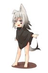  :d akasha_(syakoba) animal_ears barefoot child facepaint fang full_body gradient_hair grey_hair long_hair looking_at_viewer multicolored_hair open_mouth original poncho shako_(syakoba3) simple_background smile tail white_background wolf_ears wolf_tail 