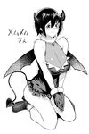  absurdres akuma_no_memumemu-chan ankle_boots bangs bare_shoulders blush boots breasts character_name cleavage collarbone commentary demon_girl demon_tail demon_wings frills full_body fur-trimmed_boots fur-trimmed_gloves fur_collar fur_trim gem gloves greyscale hair_between_eyes hands_together high_heels highres horns jewelry large_breasts memumemu-chan monochrome nishi_yusuke pointy_ears short_hair sitting tail tears trembling v_arms wariza white_background wings 