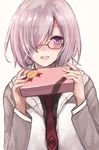  :d absurdres blush box fate/grand_order fate_(series) gift gift_box glasses hair_over_one_eye highres jacket kyota07 looking_at_viewer mash_kyrielight necktie open_mouth purple_eyes purple_hair red_neckwear short_hair simple_background sketch smile solo upper_body valentine white_background 