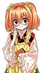  bell character_name glasses hair_ornament japanese_clothes jingle_bell long_sleeves looking_at_viewer manarou motoori_kosuzu red_eyes red_hair short_hair smile solo touhou twintails wide_sleeves 