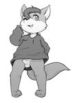  animal_genitalia anthro balls bottomless canine child clothed clothing cub fox fur greyscale hoodie lunicent male mammal monochrome one_eye_closed sheath simple_background solo standing young 