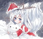  1girl animal animal_ear_fluff animal_ears animal_hug bangs bed_sheet blue_eyes blush capelet cat christmas constellation dress eyebrows_visible_through_hair fox_ears fox_girl fox_tail hair_between_eyes hair_intakes hat highres large_tail long_hair long_sleeves looking_at_viewer lying merry_christmas on_stomach original parted_lips ping_myu_ring_(tandohark) red_capelet red_dress santa_costume santa_hat silver_hair sleeves_past_wrists snowflakes solo tail tail_raised tandohark translation_request very_long_hair 