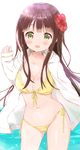  :d alternate_costume arm_behind_back arm_up bangs bikini blunt_bangs blush breasts brown_hair cleavage collarbone commentary_request cowboy_shot eyebrows_visible_through_hair flower front-tie_top gochuumon_wa_usagi_desu_ka? green_eyes hair_flower hair_ornament hibiscus highres jacket jacket_over_swimsuit large_breasts long_hair looking_at_viewer navel open_mouth side-tie_bottom sidelocks sleeves_past_wrists smile solo standing stomach swimsuit tsubaki_(tatajd) ujimatsu_chiya water white_background white_jacket yellow_bikini 