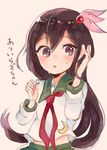  brown_eyes brown_hair crescent crescent_moon_pin green_sailor_collar itomugi-kun kantai_collection kisaragi_(kantai_collection) long_hair neckerchief red_neckwear remodel_(kantai_collection) sailor_collar school_uniform serafuku solo sweat upper_body 