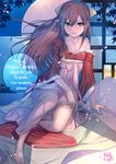  2017 asdj bare_shoulders barefoot bed bow brown_eyes brown_hair cherry_blossoms english full_moon hair_bow hakama highres japanese_clothes kamikaze_(kantai_collection) kantai_collection kimono long_hair looking_at_viewer meiji_schoolgirl_uniform moon night petals pillow pink_hakama signature sitting solo yellow_bow yokozuwari 