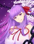  1girl :p band-width bangs bare_shoulders bb_(fate)_(all) bb_(fate/extra_ccc) blush breasts chains choker collarbone erect_nipples eyebrows_visible_through_hair fate/extra fate/extra_ccc fate_(series) flwoer hair_ribbon highres huge_breasts long_hair looking_at_viewer petals purple_background purple_eyes purple_hair red_ribbon ribbon shirt solo tongue tongue_out upper_body very_long_hair white_choker white_shirt wind 