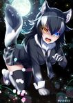  all_fours angry animal_ears black_hair blue_eyes blush breasts commentary_request fangs full_body fur_collar gloves glowing glowing_eyes grey_wolf_(kemono_friends) heterochromia highres kemono_friends large_breasts long_hair long_sleeves looking_at_viewer moon multicolored_hair nature necktie omoomomo open_mouth skirt solo tail two-tone_hair wolf_ears wolf_tail yellow_eyes 