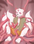  5_fingers anthro blush canine clenched_teeth clothed clothing dtrreuaem fox fur male mammal multi_tail open_shirt purple_eyes red_fur shorts solo teeth tentacles undressing white_fur 