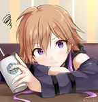  arm_warmers arms_on_table black_shirt blush commentary_request cup eyebrows_visible_through_hair head_rest holding holding_cup idolmaster idolmaster_cinderella_girls indoors looking_at_viewer multicolored_hair ninomiya_asuka orange_hair purple_eyes purple_hair shirt solo squiggle tarachine twitter_username two-tone_hair 