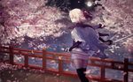  black_bow black_hair black_scarf bow bridge cherry_blossoms fate_(series) feet_out_of_frame hair_between_eyes hair_bow holding holding_sword holding_weapon japanese_clothes katana kimono kimono_skirt kkia looking_at_viewer night obi okita_souji_(fate) okita_souji_(fate)_(all) outdoors river sash scarf sheath short_hair silver_hair solo standing sword thighhighs tree unsheathing water weapon white_kimono yellow_eyes 