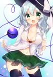  :d ass_visible_through_thighs bad_id bad_pixiv_id black_hat black_legwear blush bow bra breasts cleavage collarbone contrapposto cowboy_shot eyebrows_visible_through_hair green_eyes green_skirt hair_bow hat hat_bow highres komeiji_koishi long_hair medium_breasts midriff miniskirt navel open_clothes open_mouth open_shirt see-through shanghai_bisu shirt silver_hair skirt smile solo standing stomach sun_hat thighhighs touhou underwear white_bow yellow_bra 