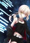  artoria_pendragon_(all) belt black_camisole black_jacket black_ribbon black_shorts breasts camisole cleavage collarbone cowboy_shot eyebrows_visible_through_hair fate/grand_order fate_(series) hair_ribbon jacket jewelry long_hair looking_at_viewer necklace open_clothes open_jacket ponytail ribbon saber_alter shinobu1132 short_shorts shorts silver_hair sleeveless small_breasts solo standing yellow_eyes 