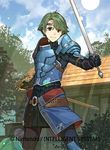  alm_(fire_emblem) armor bangs cape circlet company_connection copyright_name day fire_emblem fire_emblem_cipher fire_emblem_echoes:_mou_hitori_no_eiyuuou gauntlets gloves green_eyes green_hair hidari_(left_side) holding holding_sword holding_weapon left-handed looking_at_viewer male_focus official_art outdoors sheath shoulder_armor shoulder_pads sky smile solo sword weapon 