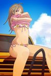  ahoge bikini brown_hair car day front-tie_top ground_vehicle harada_yuuichi long_hair looking_to_the_side motor_vehicle navel original pink_eyes pink_shirt shirt shirt_lift side-tie_bikini sitting skindentation solo swimsuit undressing 