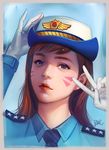  alternate_costume artist_name bangs blue_background blue_shirt border brown_hair closed_mouth collared_shirt commentary_request d.va_(overwatch) earrings eyeshadow face facepaint female_service_cap gloves grey_border hand_on_headwear highres jewelry lipgloss lips long_hair long_sleeves looking_at_viewer makeup necktie officer_d.va overwatch peter_xiao portrait purple_eyes shirt signature simple_background solo star stud_earrings swept_bangs v whisker_markings white_gloves 