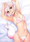  :d animal_ears armpits arms_up asuzemu bare_arms bare_shoulders bed_sheet bikini breasts collarbone commentary_request cowboy_shot eyebrows_visible_through_hair fang from_above groin hair_between_eyes head_tilt highres inubashiri_momiji looking_at_viewer looking_up lying navel on_back open_mouth pink_bikini pink_hair red_eyes round_teeth shiny shiny_skin short_hair small_breasts smile stomach string_bikini swimsuit tail teeth thighs touhou tsurime v-shaped_eyebrows wolf_ears wolf_tail 