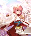  blue_ribbon blurry brown_eyes cape cherry_blossoms commentary_request day depth_of_field eyebrows_visible_through_hair fire_emblem fire_emblem_if hairband head_tilt highres holding holding_staff japanese_clothes kero_sweet looking_at_viewer outdoors parted_lips petals pink_hair ribbon ribbon_trim sakura_(fire_emblem_if) short_hair sidelocks signature solo staff tree white_cape wind 