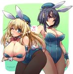  adapted_costume animal_ears artist_name atago_(kantai_collection) beret black_hair black_legwear blonde_hair blue_eyes blue_leotard blush bow bowtie breasts bunny_ears bunny_tail bunnysuit cleavage covered_navel dated hat highres kantai_collection large_breasts leotard long_hair multiple_girls pantyhose red_eyes shinshin short_hair simple_background smile tail takao_(kantai_collection) unmoving_pattern wrist_cuffs 