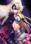  absurdres armor banner blonde_hair blue_eyes breasts cape cleavage collarbone detached_sleeves eyebrows_visible_through_hair fate/grand_order fate_(series) gauntlets heterochromia highres holding holding_sword holding_weapon jeanne_d'arc_(alter)_(fate) jeanne_d'arc_(fate) jeanne_d'arc_(fate)_(all) long_hair medium_breasts midriff multicolored_hair navel pantie_painting signature silver_hair skull smile solo standing stomach sword two-tone_hair very_long_hair weapon yellow_eyes 