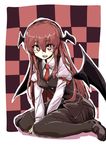  :d armband azumaya_toushirou bat_wings black_legwear blush breasts buttons checkered checkered_background collared_shirt dress_shirt eyebrows_visible_through_hair eyelashes fangs full_body hair_between_eyes head_wings highres juliet_sleeves koakuma loafers long_hair long_sleeves looking_at_viewer low_wings medium_breasts necktie open_mouth outline pantyhose puffy_sleeves red_eyes red_hair red_neckwear shirt shoes sidelocks sitting sketch skirt skirt_set smile solo touhou v_arms vest wariza white_shirt wings 