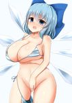  alternate_breast_size bad_id bad_pixiv_id bikini blue_bikini blue_bow blue_eyes blue_hair blush bow breast_hold breast_lift breasts cirno cleavage covering covering_crotch cowboy_shot hair_bow highres huge_breasts ice ice_wings looking_at_viewer open_mouth shiro_oolong-cha side-tie_bikini simple_background solo striped striped_bikini sweat swimsuit touhou wardrobe_malfunction wings 