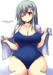  aqua_eyes aqua_hair breasts cleavage competition_school_swimsuit dated hair_ornament hairclip kantai_collection large_breasts long_hair looking_at_viewer one-piece_swimsuit one_eye_closed shinshin sitting smile solo suzuya_(kantai_collection) swimsuit towel twitter_username 