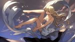  bare_legs bare_shoulders barefoot blonde_hair breasts cleavage cloud collarbone dress flying hands_together highres lee_hyeseung long_legs looking_at_viewer medium_breasts original sidelocks sky smile solo white_dress yellow_eyes 