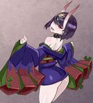  ass back blush choker commentary_request fang fate/grand_order fate_(series) honjou_raita horns japanese_clothes kimono looking_at_viewer off_shoulder oni oni_horns open_mouth purple_eyes purple_hair shiny shiny_hair shiny_skin short_hair shoulder_blades shuten_douji_(fate/grand_order) sketch smile solo wide_sleeves 
