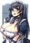  adapted_costume agano_(kantai_collection) alternate_costume apron bespectacled black_hair breasts cleavage collarbone dated dress enmaided frills glasses gloves huge_breasts kantai_collection long_hair maid maid_apron maid_headdress necktie open_mouth puffy_sleeves red-framed_eyewear shinshin smile solo twitter_username 