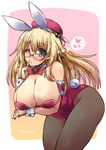  adapted_costume animal_ears artist_name atago_(kantai_collection) beret black_legwear blonde_hair blue_eyes blush bow bowtie breasts bunny_ears bunny_tail bunnysuit cleavage covered_navel dated glasses hat highres kantai_collection large_breasts leotard long_hair pantyhose red_leotard shinshin simple_background smile solo tail unmoving_pattern wrist_cuffs 