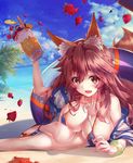  absurdres anatomical_nonsense animal_ears bad_anatomy bikini blue_bikini blush breasts cleavage collarbone covered_nipples crossed_legs day fang fate/extra fate/grand_order fate_(series) food fox_ears fox_tail fruit highres large_breasts long_hair looking_at_viewer nishiro_ryoujin ocean outdoors palm_tree pink_hair sand solo swimsuit tail tamamo_(fate)_(all) tamamo_no_mae_(fate) tamamo_no_mae_(swimsuit_lancer)_(fate) tree yellow_eyes 