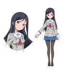  action_heroine_cheer_fruits bangs black_footwear black_hair black_legwear blue_eyes blue_skirt blush character_sheet commentary_request expressionless grey_shirt highres hinano_high_school_uniform ide_naomi loafers long_hair looking_at_viewer multiple_views neck_ribbon official_art pantyhose parted_bangs red_neckwear red_ribbon ribbon sailor_collar school_uniform shirogane_misaki shirt shoes simple_background skirt white_background white_sailor_collar 