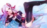  black_legwear braid breasts crossed_legs earrings hair_ribbon index_finger_raised jewelry jianmo_sl jpeg_artifacts nail_polish petals pink_hair purple_eyes red_eyes red_nails red_ribbon ribbon sideboob small_breasts solo sword_art_online sword_art_online_the_movie:_ordinal_scale thighhighs yuna_(sao) 