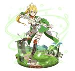  blonde_hair boots breasts brown_footwear cleavage cross-laced_footwear full_body green_eyes hair_between_eyes hair_ornament high_ponytail holding holding_sword holding_weapon katana knee_boots lace-up_boots leafa leafa_(sao:im) leg_up long_hair looking_at_viewer medium_breasts midriff navel official_art parted_lips pointy_ears sidelocks simple_background solo stomach sword sword_art_online sword_art_online:_code_register thigh_strap thighhighs very_long_hair weapon white_background white_legwear 