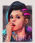  artist_name asymmetrical_hair black_eyes chinese commentary_request eyeshadow hand_on_own_face high_collar highres lips long_hair looking_at_viewer makeup mole mole_under_eye open_mouth overwatch peter_xiao simple_background solo sombra_(overwatch) stretched_earlobes undercut upper_body 
