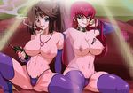  2girls breasts mazaki_anzu multiple_girls nipples smile straw_(yokubou_hiroba) sweat thong topless undressing yu-gi-oh! 