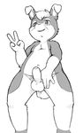  3_toes 4_fingers anthro balls child cub erection first_person_view greyscale humanoid_penis lagomorph lunicent male mammal monochrome nude partially_retracted_foreskin penis rabbit solo standing toes uncut v_sign whiskers young 